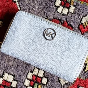 Michael Kors Light Blue Leather Fulton Zip Around Wallet, EUC!